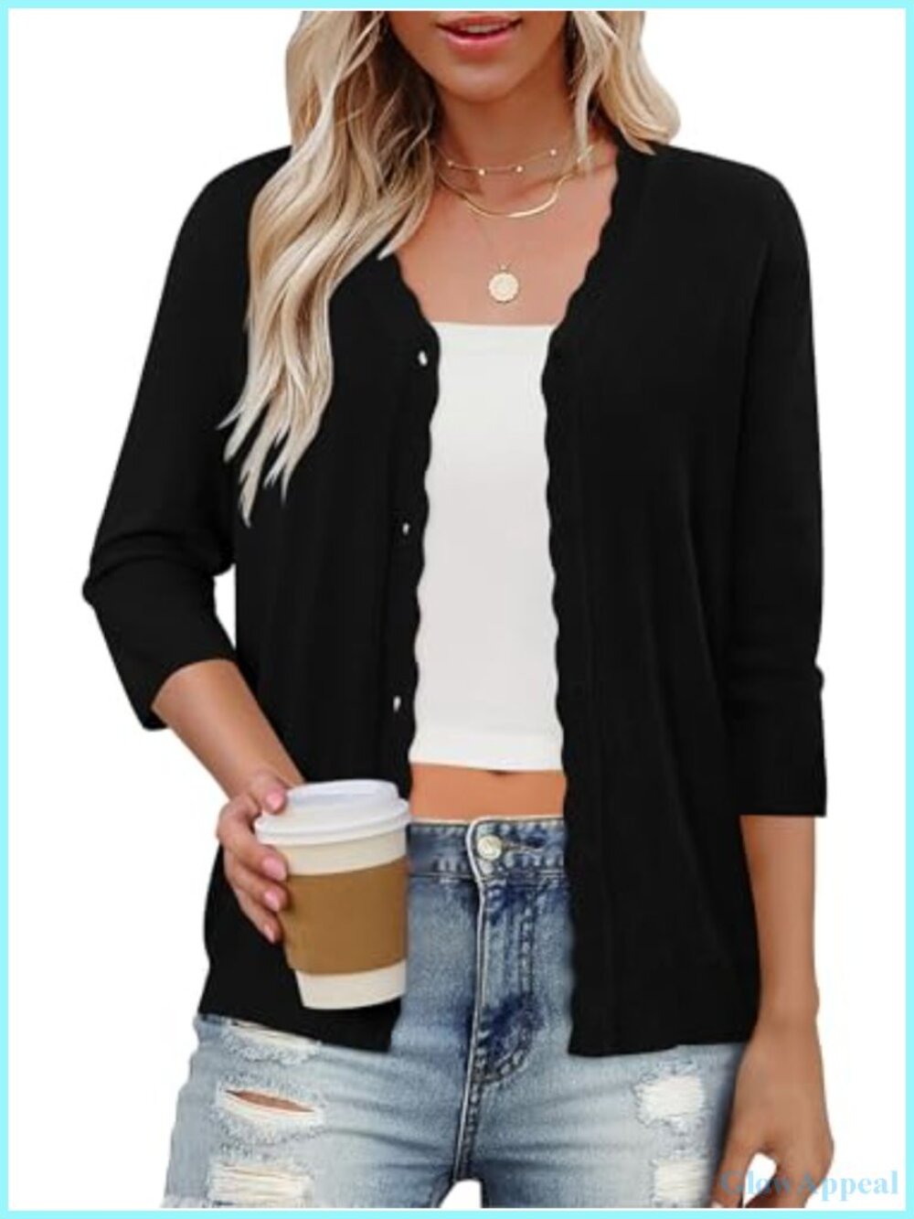 Cardigan Lightweight 3/4 Sleeve V Neck Crochet Sweater Women S-2XL